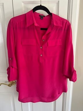 Ann Taylor Fuchsia Roll-Tab Button Pullover Blouse